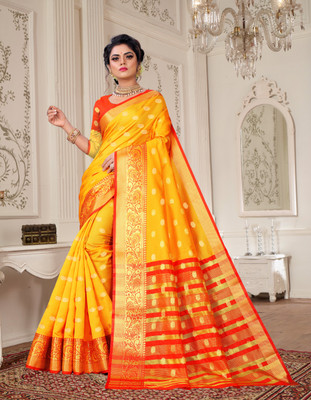 SUDHIRMENTERPRISE Woven Banarasi Cotton Blend Saree(Yellow)