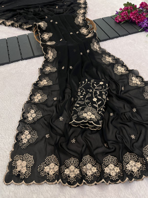 K 5 FASHION Embroidered Bollywood Chiffon Saree(Black)