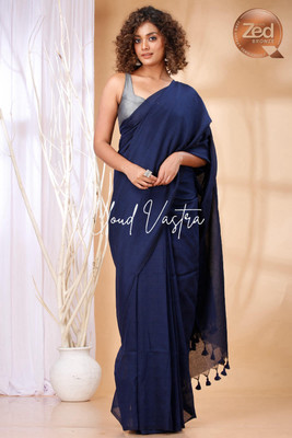 cloud vastra Solid/Plain Bollywood Pure Cotton Saree(Blue)