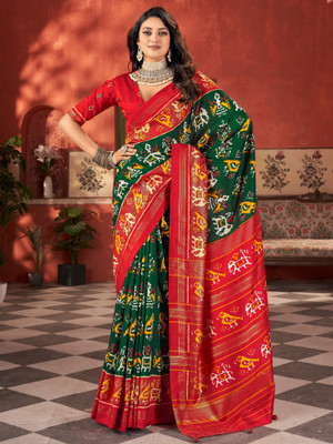 ANOUK Printed Patola Tussar Silk Saree(Dark Green)