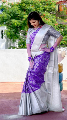 kriyafashion Printed Kanjivaram Silk Blend Saree(Purple)