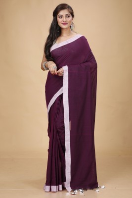 Tant Boutique Solid/Plain Handloom Cotton Blend Saree(Magenta, White)