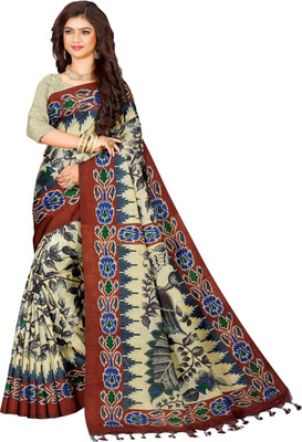 Bhadra Shopping Store Floral Print Sambalpuri Viscose Rayon Saree(Beige)
