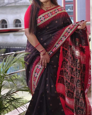 LYANNA Temple Border, Solid/Plain Sambalpuri Handloom Cotton Blend Saree(Black)