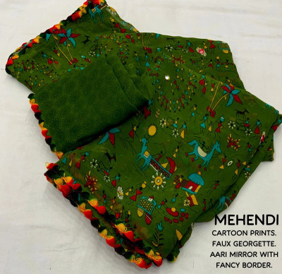 vdc Printed Bandhani Chiffon Saree(Green)