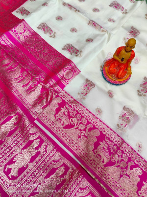 Adhya Self Design Baluchari Silk Blend Saree(White)