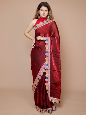 ANOUK Embroidered Saree with Attached Blouse Satin Saree(Maroon)
