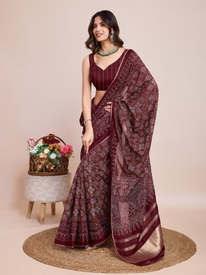 IRIS Printed, Woven Bandhani Cotton Silk Saree(Maroon)