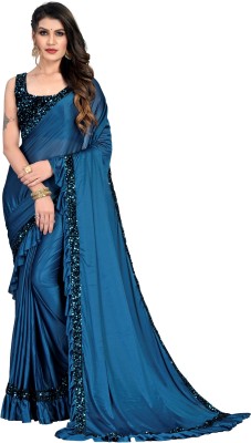 KV Fashion Solid/Plain Bollywood Lycra Blend Saree(Blue)