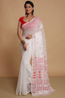 Divastri Checkered Jamdani Pure Cotton Saree(White)