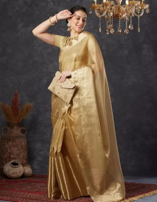 Haniya creation Woven, Solid/Plain Kanjivaram Tissue Saree(Gold)