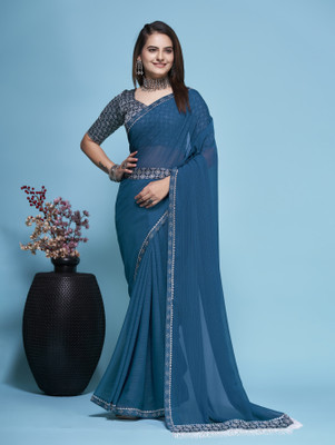 Gold Art Fashion Embroidered Bollywood Chiffon Saree(Light Blue)