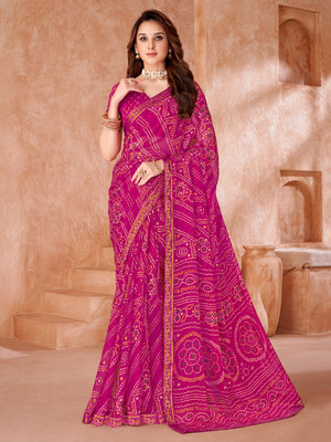 Divastri Printed Bandhani Chiffon Saree(Pink)