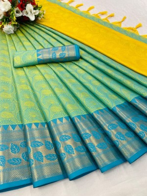 yourwish Woven Mysore Cotton Silk, Jacquard Saree(Yellow, Light Green, Gold)