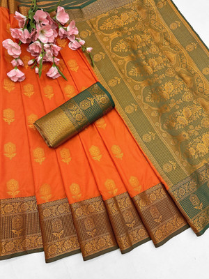 HK Trading Woven, Self Design, Temple Border Banarasi Cotton Silk Saree(Orange)