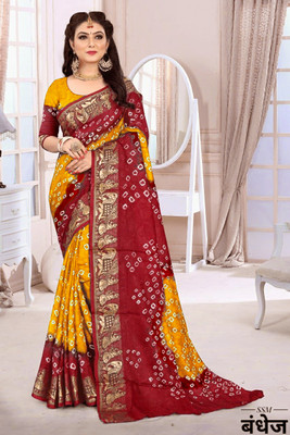 JERAVI Enterprise Hand Painted Bandhani Art Silk Saree(Mustard, Maroon)