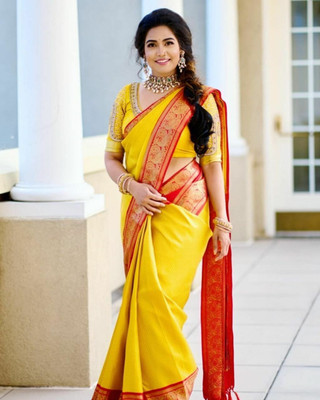 Miss Beelee Polka Print Banarasi Jacquard Saree(Yellow)