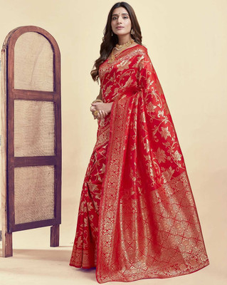 SNH EXPORT Floral Print Banarasi Pure Silk Saree(Red)