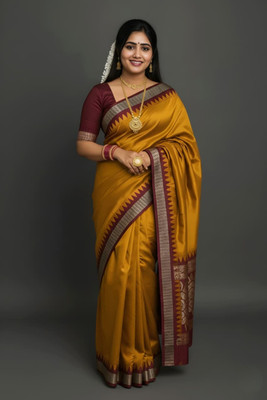 Sijileen Woven, Temple Border, Solid/Plain Sambalpuri Silk Blend Saree(Mustard)