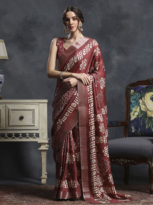 Anouk Rustic Printed Chinnalapattu Silk Blend Saree(Brown)