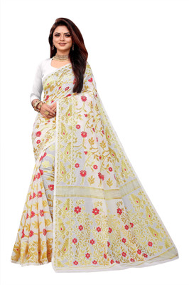 ANISSA SAREE Self Design Jamdani Cotton Blend Saree(White)