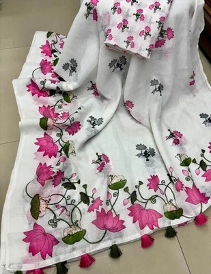 Sarthi Fashion Floral Print, Printed Bollywood Cotton Linen Saree(White)