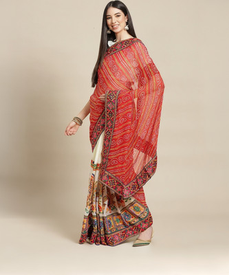 Tasrika Embroidered, Printed Bandhani Georgette Saree(Red, White)