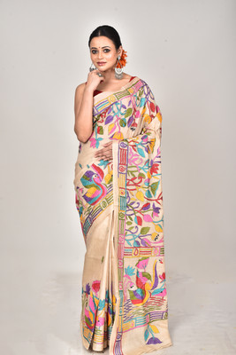 Ramshyam Collection Woven Kantha Pure Silk Saree(Beige)