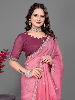 sadika Embroidered Baluchari Chiffon, Silk Blend Saree(Pink, Maroon)
