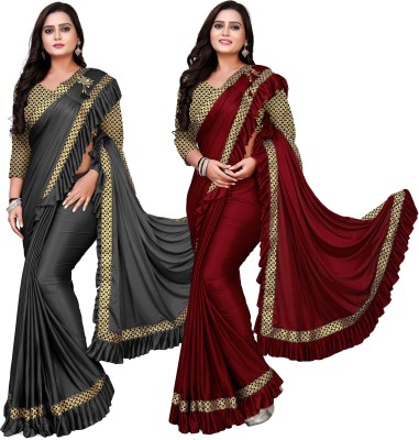 DECOFIN Woven, Solid/Plain Bollywood Lycra Blend Saree(Pack of 2, Red, Grey)