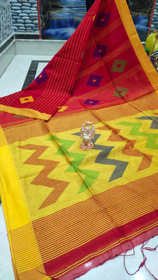 SAHA TEXTILE Self Design Handloom Cotton Blend Saree(Red)