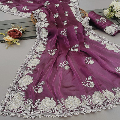 FLAMEKYZER Embroidered Bollywood Jimmy choo Saree(Purple)