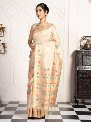 MIMOSA Woven Banarasi Art Silk Saree(White)
