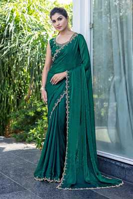M.S.RETAIL Embellished Bollywood Satin Saree(Dark Green)
