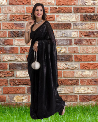 SHOBHTESH Digital Print, Embroidered, Striped Bollywood Georgette Saree(Black)