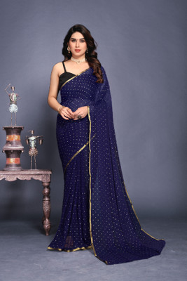 HouseOfCommon Printed Bollywood Net, Chiffon Saree(Dark Blue)