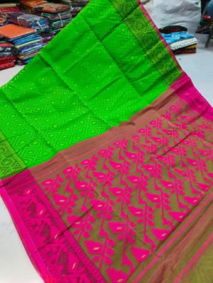 ASIMA TEXTILE Woven Jamdani Cotton Silk Saree(Green, Pink)
