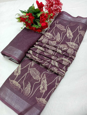 HouseOfCommon Printed Kanjivaram Linen, Cotton Linen Saree(Purple)