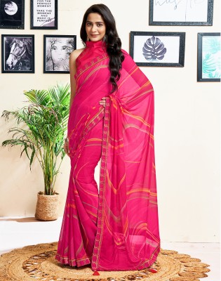 Satrani Geometric Print, Floral Print, Embellished Bollywood Chiffon, Lace Saree(Pink)