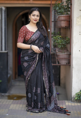 Tasrika Embroidered, Printed Bandhani Chanderi, Cotton Silk Saree(Black)
