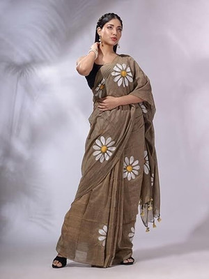 FEMORI Printed Bollywood Linen Saree(Brown)