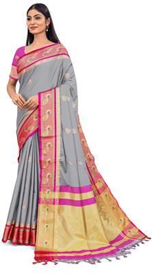VEERAETHNIC Self Design, Animal Print, Woven, Temple Border Ikkat Cotton Silk, Jacquard Saree(Grey)