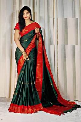 NST5 Woven Maheshwari Cotton Silk Saree(Dark Green, Red)