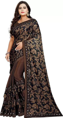V AMAN FASHION Printed Bollywood Lycra Blend Saree(Brown)