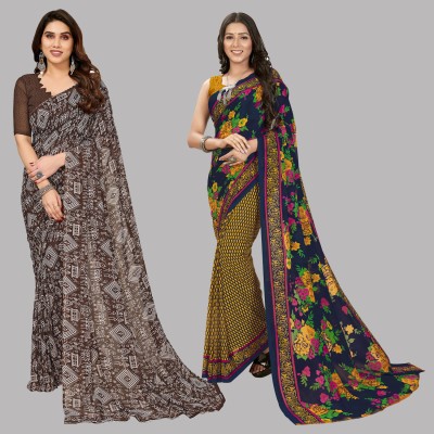 Anand Sarees Floral Print, Polka Print, Ombre, Printed Bollywood Georgette Saree(Pack of 2, Dark Blue, Yellow, Brown)