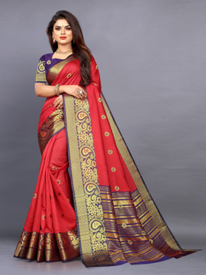 Vrati Creation Self Design, Woven, Floral Print Banarasi Cotton Blend Saree(Red)
