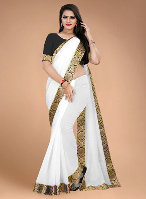 Volmina Solid/Plain, Woven Chanderi Cotton Blend Saree(White)