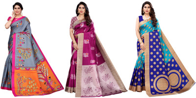 YASHIKA Printed Banarasi Art Silk Saree(Pack of 3, Grey, Purple, Blue)