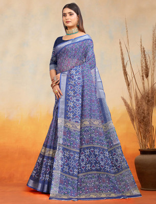 PRTRENDZ Printed Kanjivaram Pure Cotton, Cotton Linen Saree(Blue)