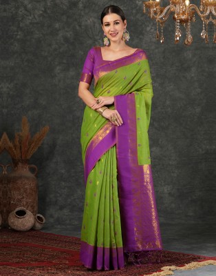 Samah Woven, Embellished Banarasi Cotton Silk, Jacquard Saree(Green, Purple)